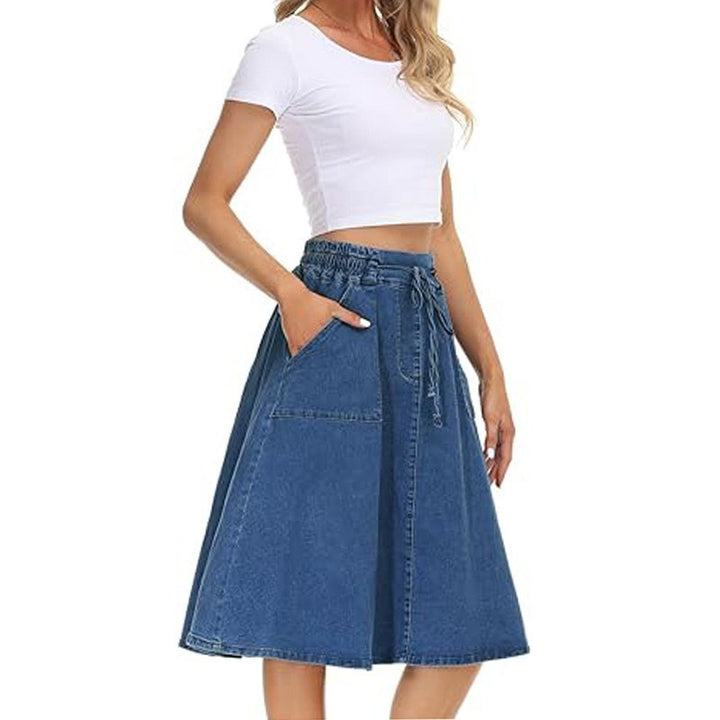 denim skirt slip-in style front shot on model