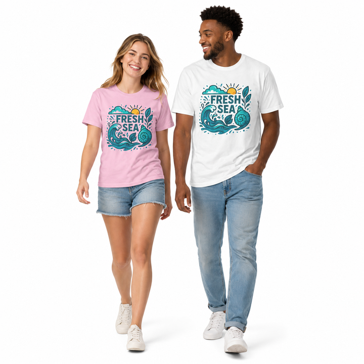 Fresh Sea ocean t shirt in 100% cotton with a unisex fit, coastal graphic, ribbed collar, and clean styling for summer trips.
