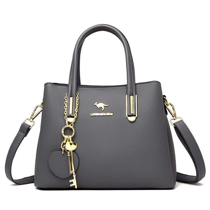 Large gray women's handbag with lychee texture