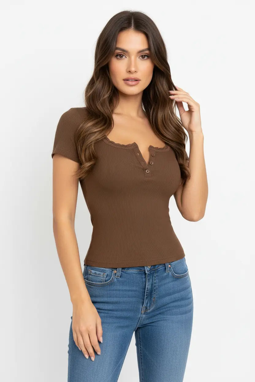 lace trim slim fit top plus size tucked into high waist trousers modern office outfit