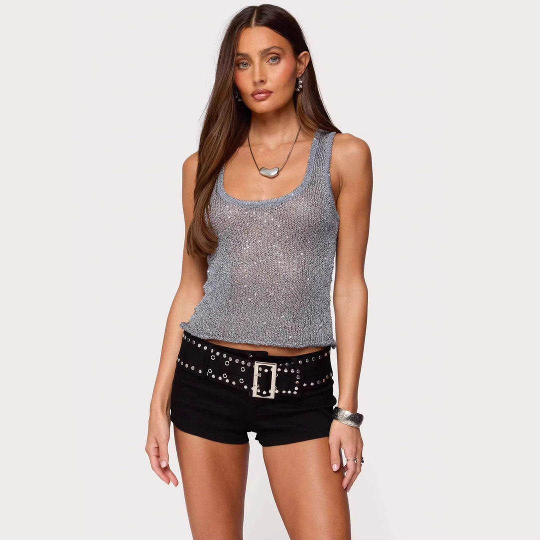 Women’s sheer summer top with subtle shine, strappy design, and elegant casual outfit styling