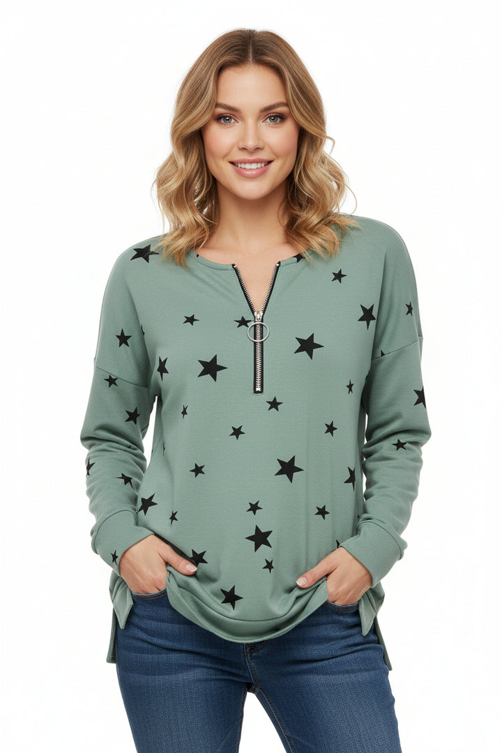 women’s star print sweatshirt army green loose fit casual street style outfit