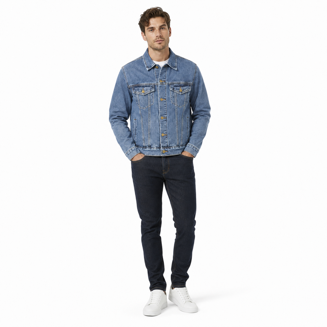 Vintage graphic denim jacket styled with dark jeans, white tee, and sneakers on white background