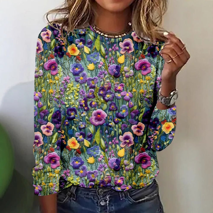 Women’s Retro 3D Print Long Sleeve T-Shirt crew neck design relaxed everyday fashion