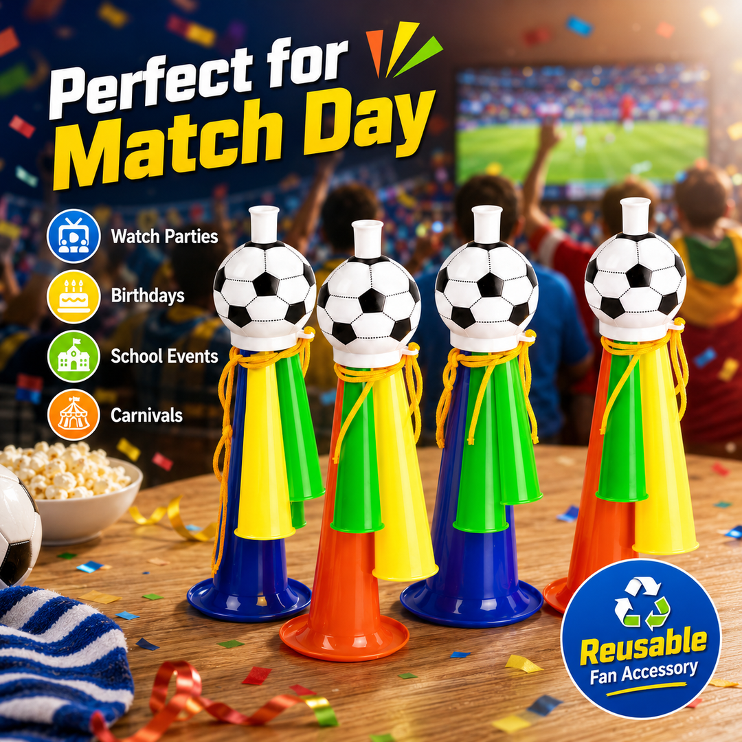 Color random supporter horn set for soccer celebrations, school spirit days, carnivals and energetic fan party decor ideas ok