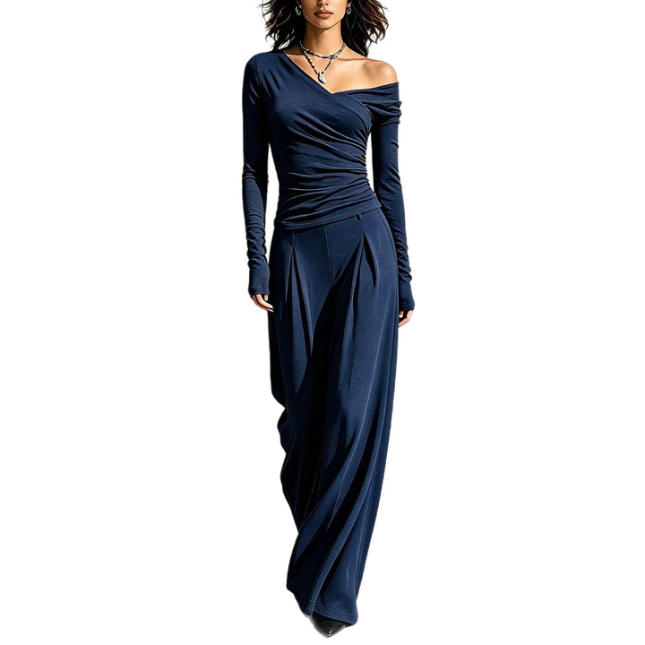 Off shoulder long sleeve top and wide leg pants set for women in a coordinated solid color two piece casual outfit daily look