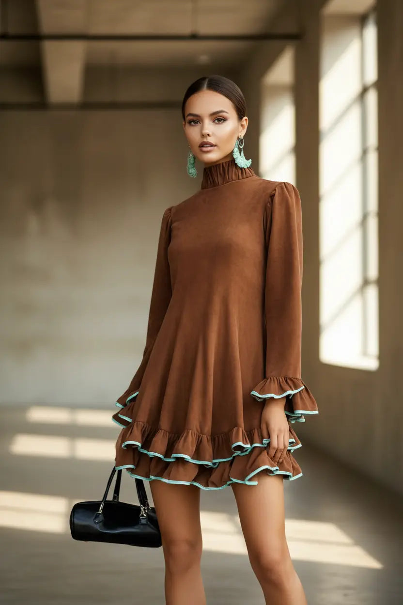 Vintage ruffled high-neck dress classic retro aesthetic