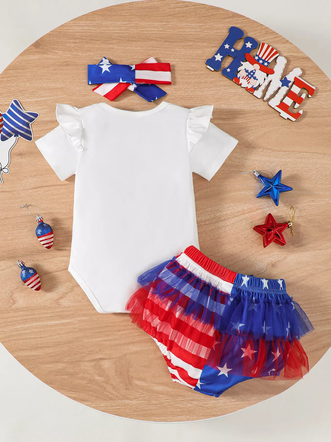 baby girl 4th of July romper ruffle sleeve detail on soft stretch fabric for comfortable all-day holiday wear
