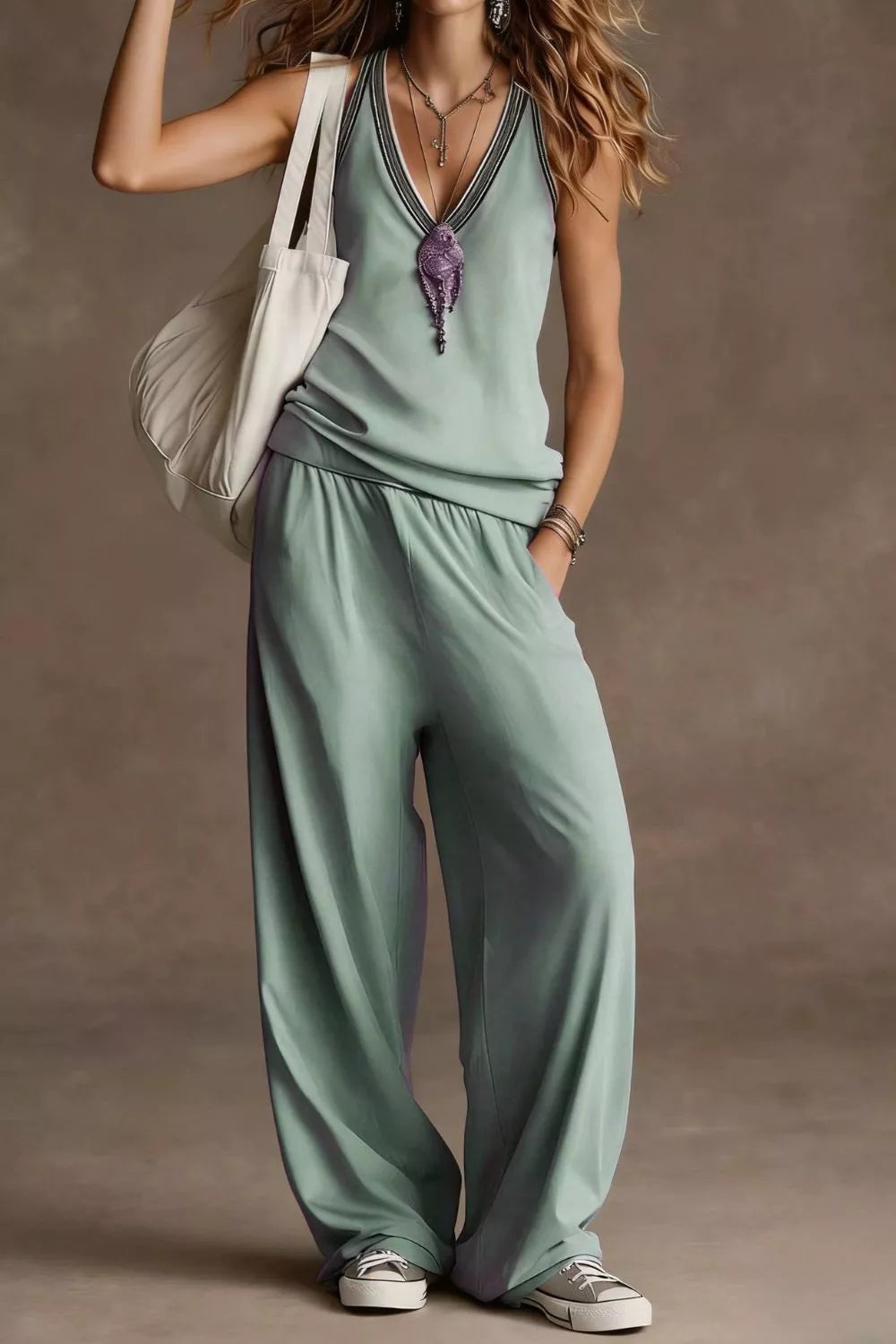 Woman wearing a green sleeveless top and wide-leg pants against a brown background