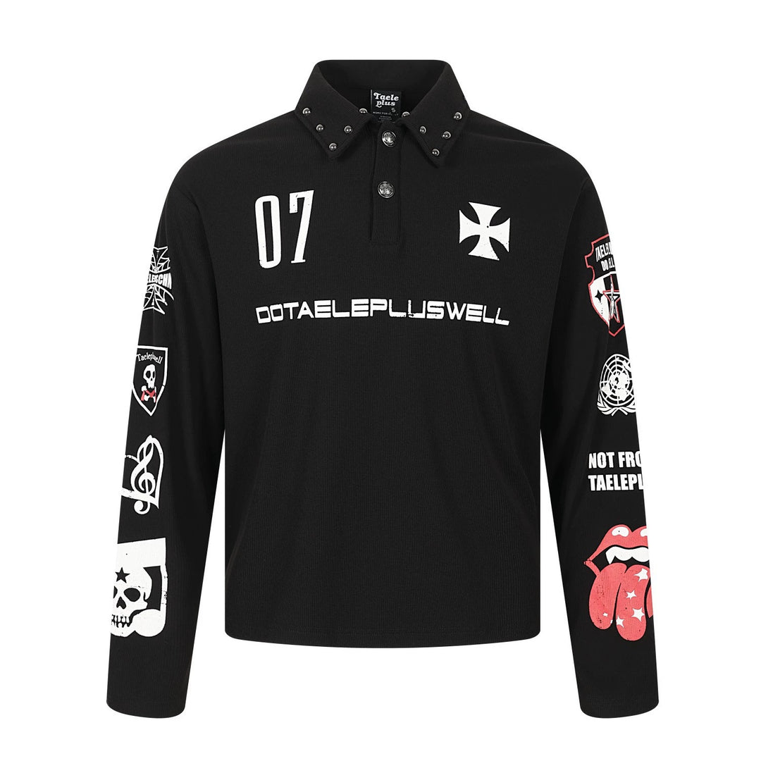 Front view of the black unisex long sleeve polo showing silver collar studs, white chest symbols and red lips sleeve artwork.