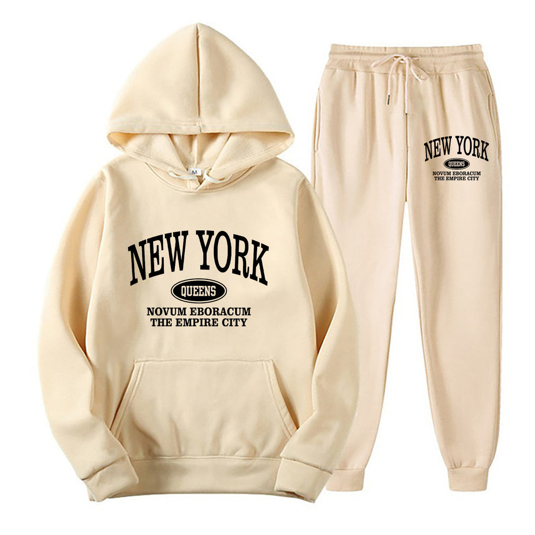 Graphic hoodie and sweatpants set shown in supplier product media