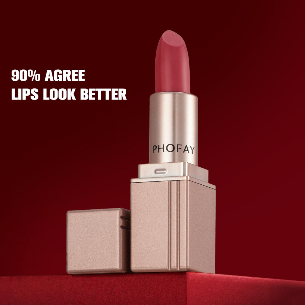 A lifestyle shot featuring the Phofay Matte Lipstick, the ultimate beauty essential for a quick touch-up and a boost of vibrant, all-day color.

