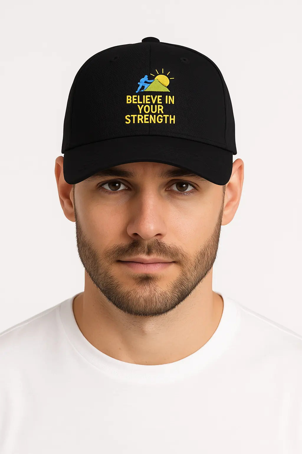 A man in a black “Believe in Your Strength” cap and a woman in a red version stand side by side against a white background, both looking forward.

