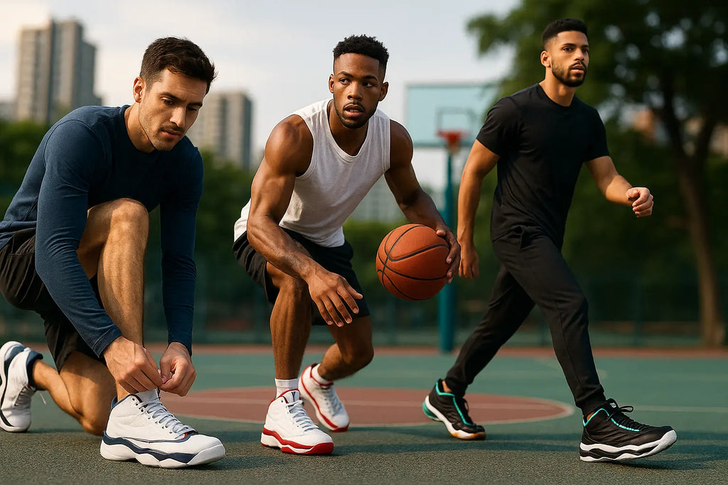 A player on a basketball court wearing Apex sneakers, showing the high-top ankle support during a quick movement.

