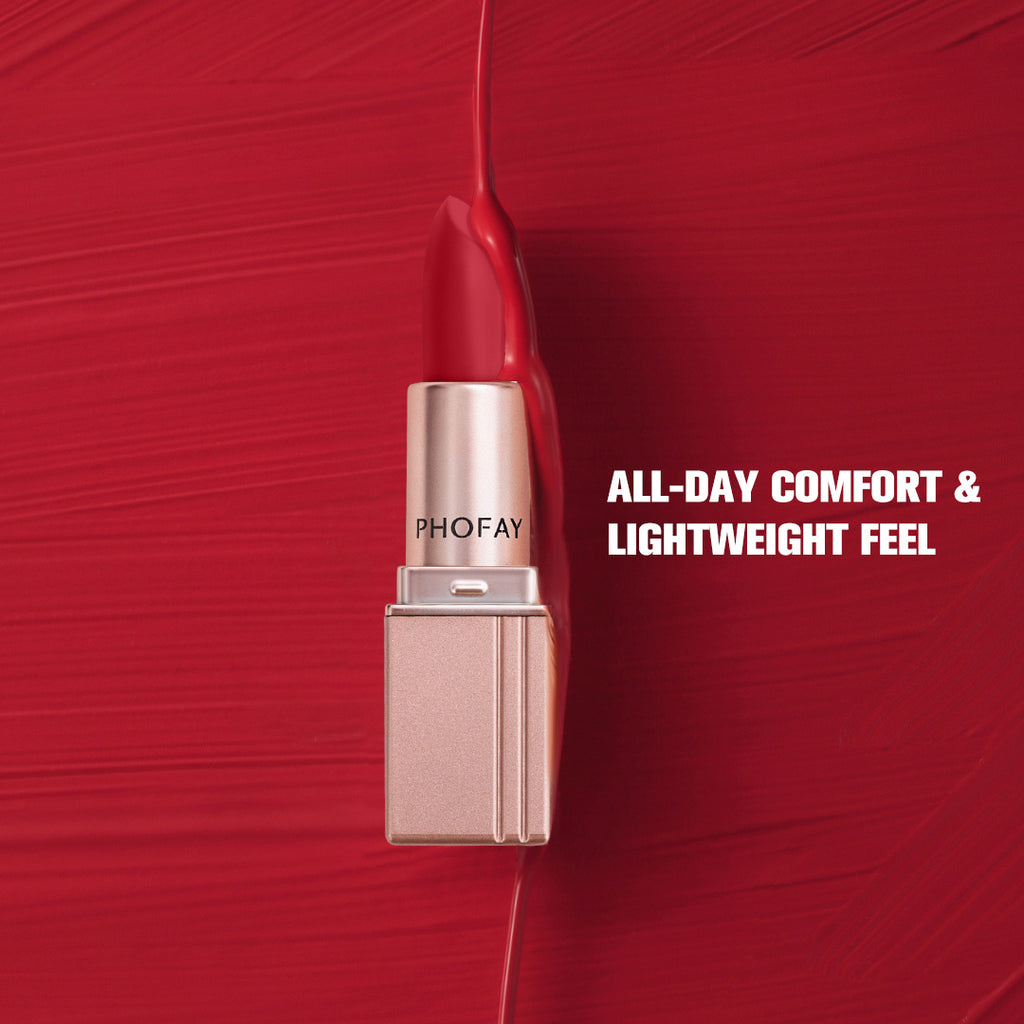 A swatch of our most popular Phofay Matte Lipstick shade, demonstrating the rich pigmentation and smooth, non-drying formula that users love.

