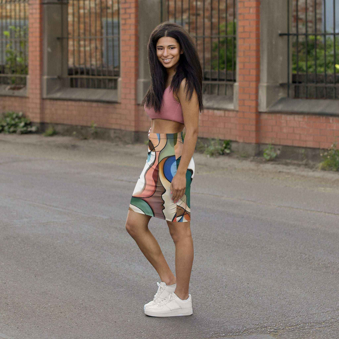 abstract print pencil skirt fitted design vibrant colors fashion
