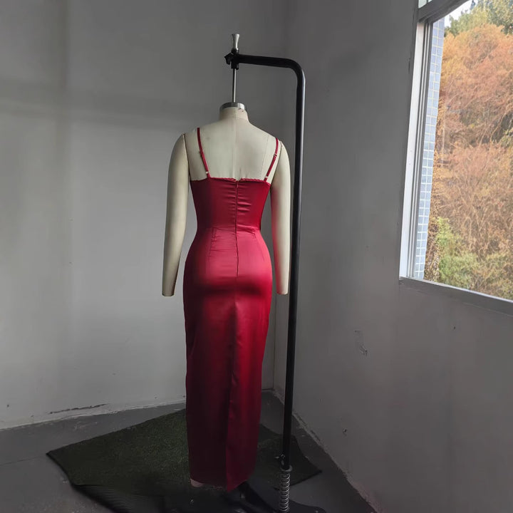Acetate Satin Evening Dress in Rich Wine Red with Flattering Mid-Waist Cut
