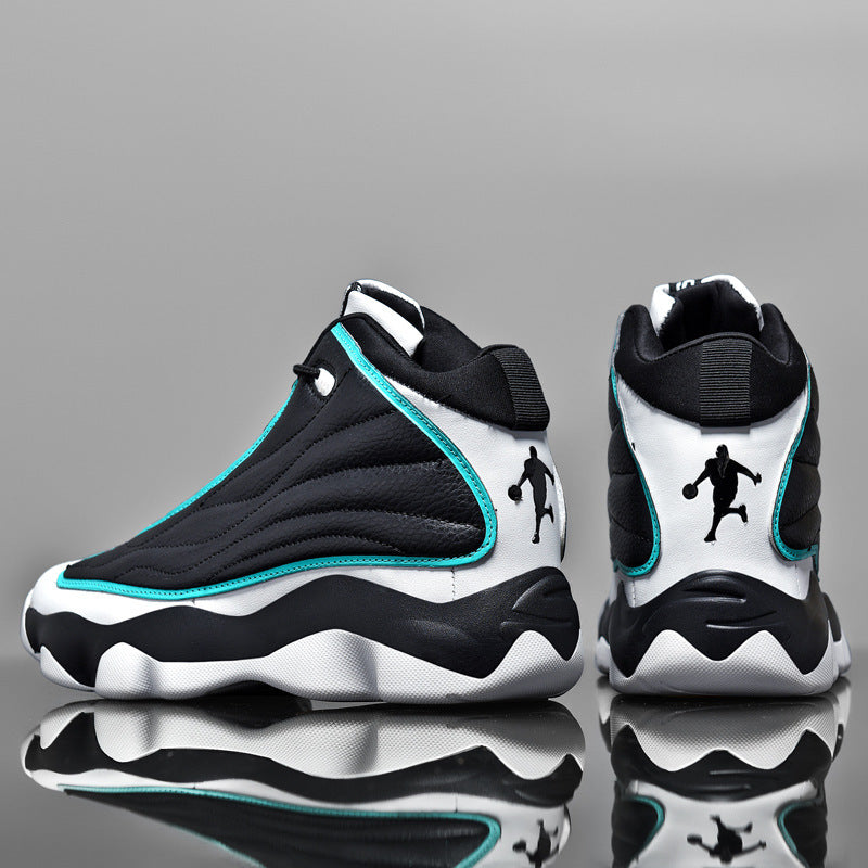 Action shot on a basketball court featuring the high-top design that provides excellent ankle support for players.

