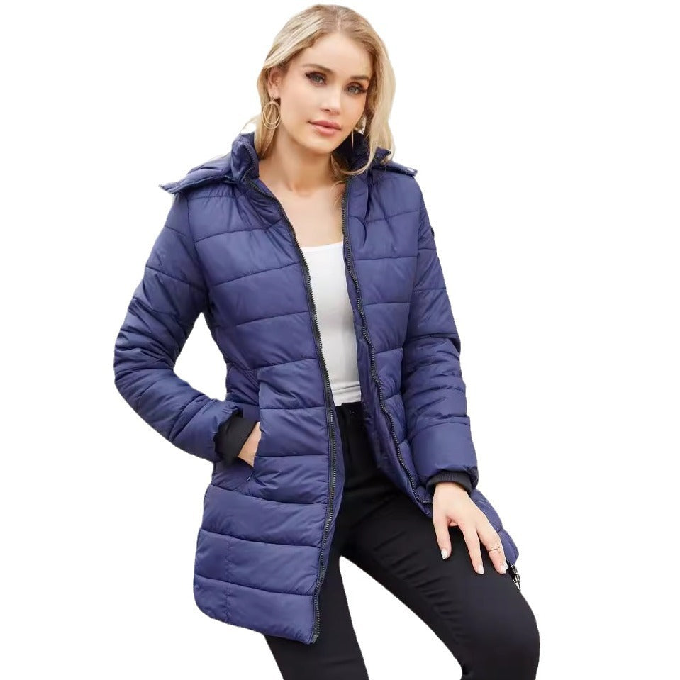 “All-Weather Adventure: Waterproof Cotton-Padded Women’s Jacket in Forest Rain”

