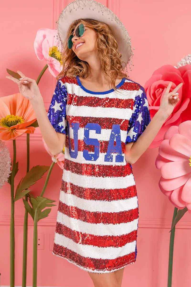 USA Flag Sequin Dress - Patriotic Sparkle for July 4th