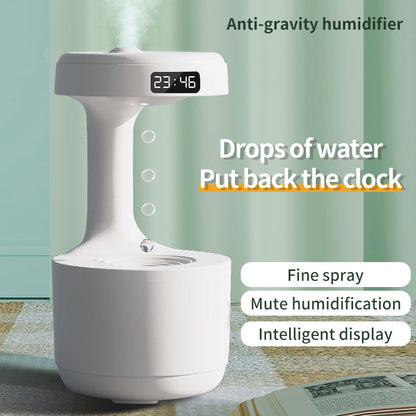 Anti-Gravity Humidifier Close-Up: Ultrasonic Fog and Clock Display for Modern Desks