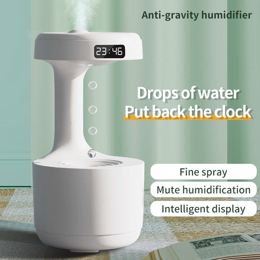 Anti-Gravity Humidifier Close-Up: Ultrasonic Fog and Clock Display for Modern Desks