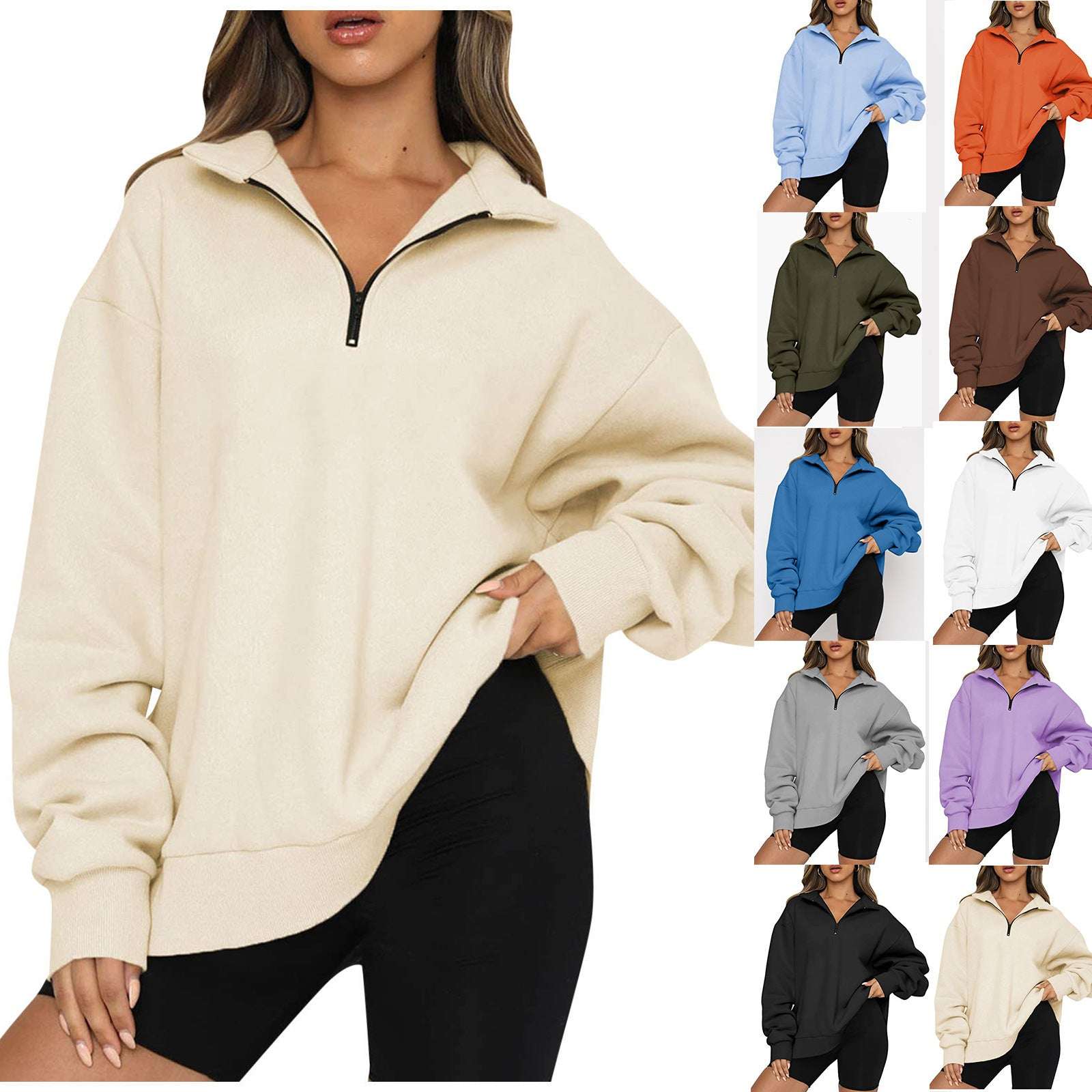 Purple pink zip collar sweatshirt for women, presented on neutral background for shop display

