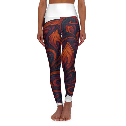 High waisted yoga leggings with red and black swirl design