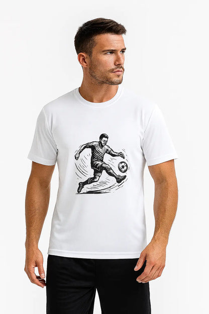 Model in game-day pose showcasing breathable men’s football t-shirt – ideal for online store presentation.


