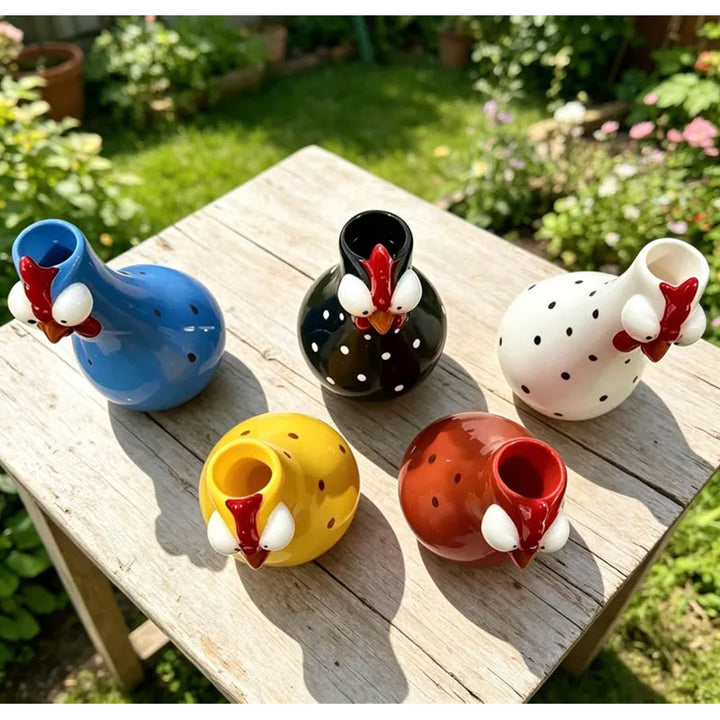 Colorful rooster accent with long neck and polka-dot design, displayed as a resin vase for flowers and standalone home decor.
