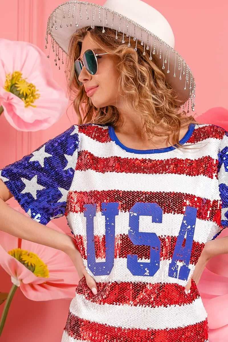 Back detail of patriotic USA flag sequin dress with sparkle effect

