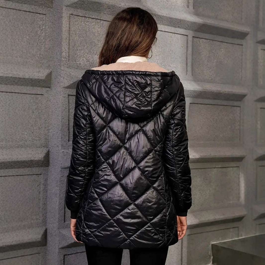 Side view of down cotton-filled autumn coat for women

