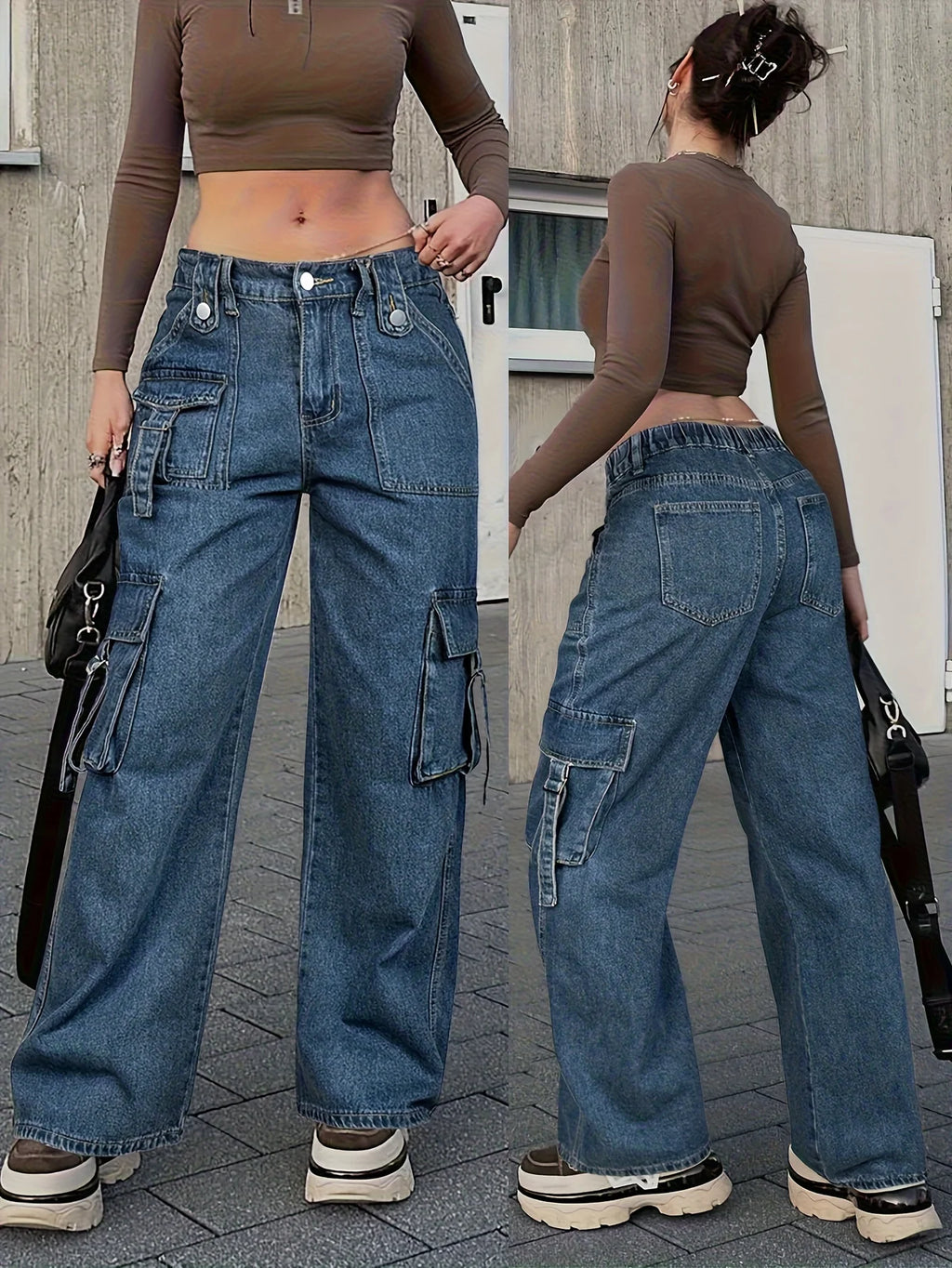 Back Pose in Trendy Women's Cargo Jeans Featuring Elastic Waist for Ultimate Comfort