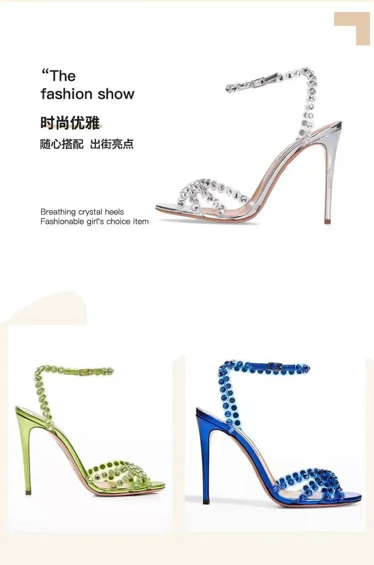 Back counter – ankle strap fit on clear PVC silver rhinestone heels