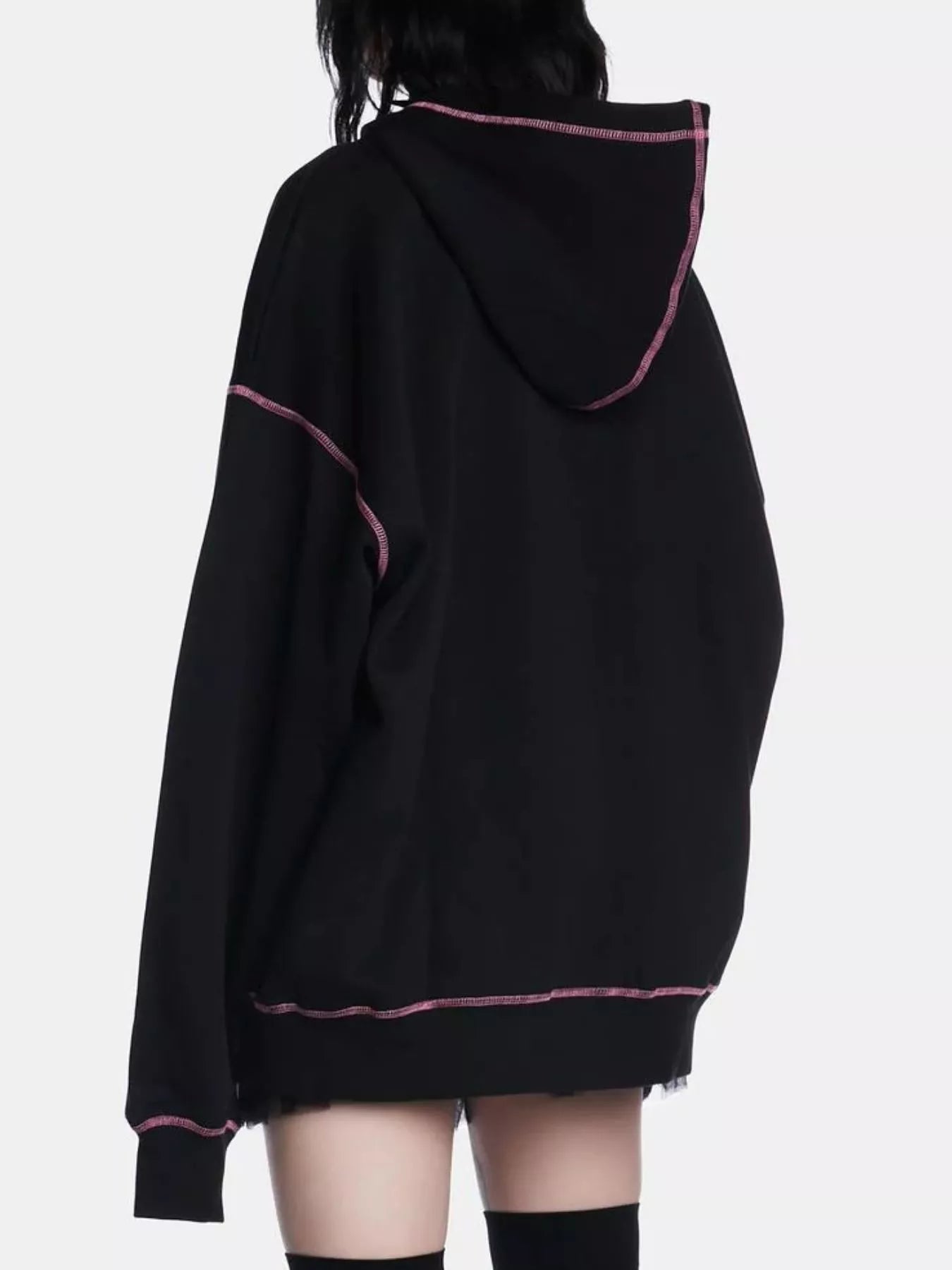 Back perspective of Women's Halloween Zip-Up Drawstring Hoodie, emphasizing drawstring hood and zip-up functionality for easy layering on chilly nights.