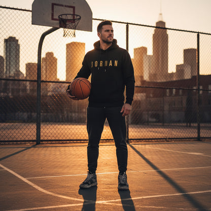 Back view Jordan style hoodie – hood up, daily wear ready