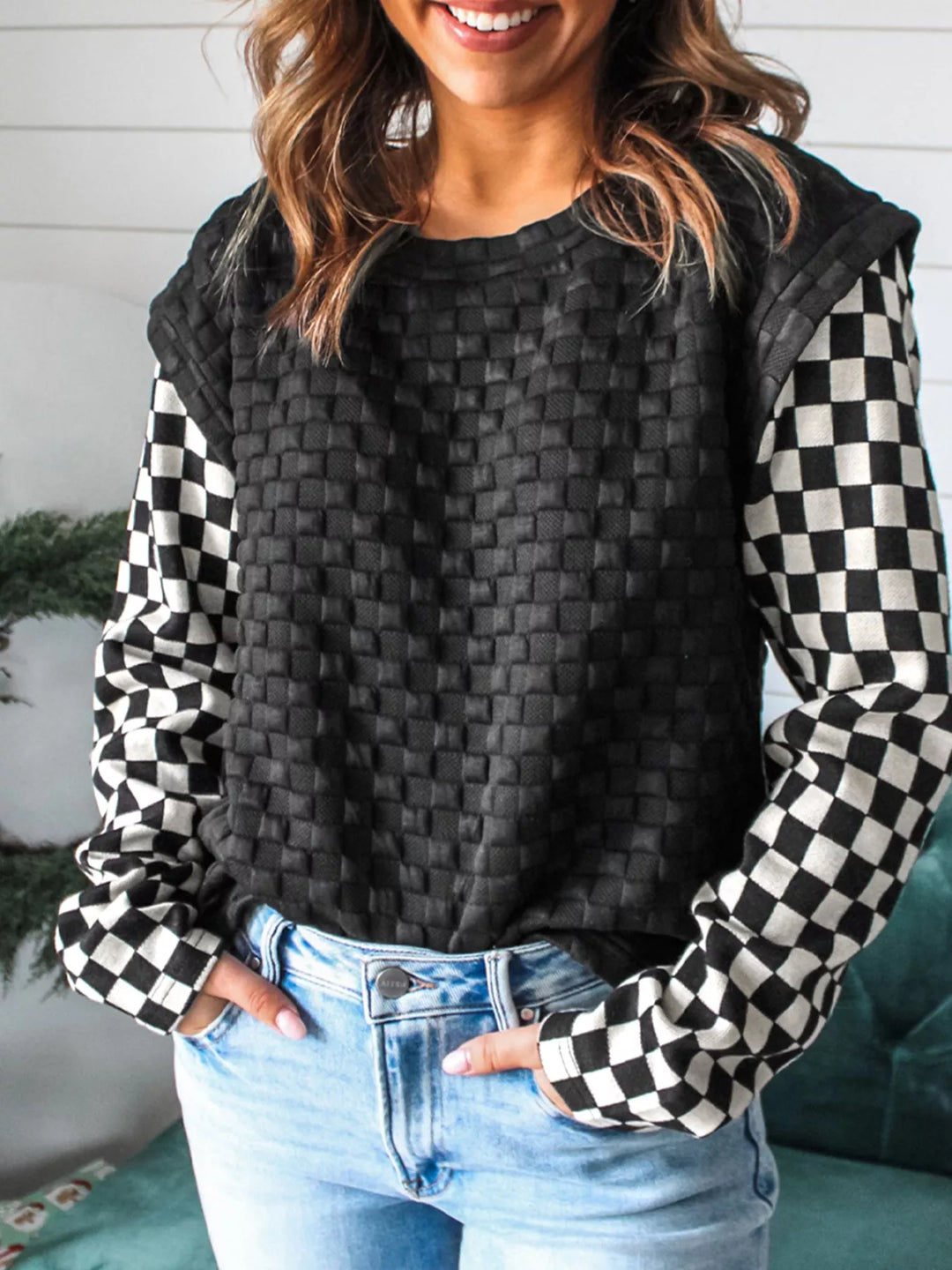 Back view – checkered patchwork long sleeve top clean lines