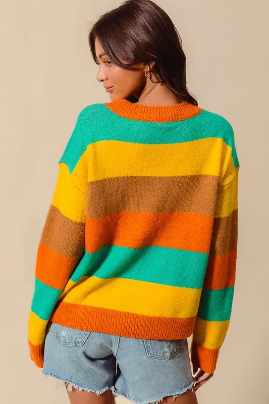 Back view multi color stripe sweater – clean finish and comfy fit