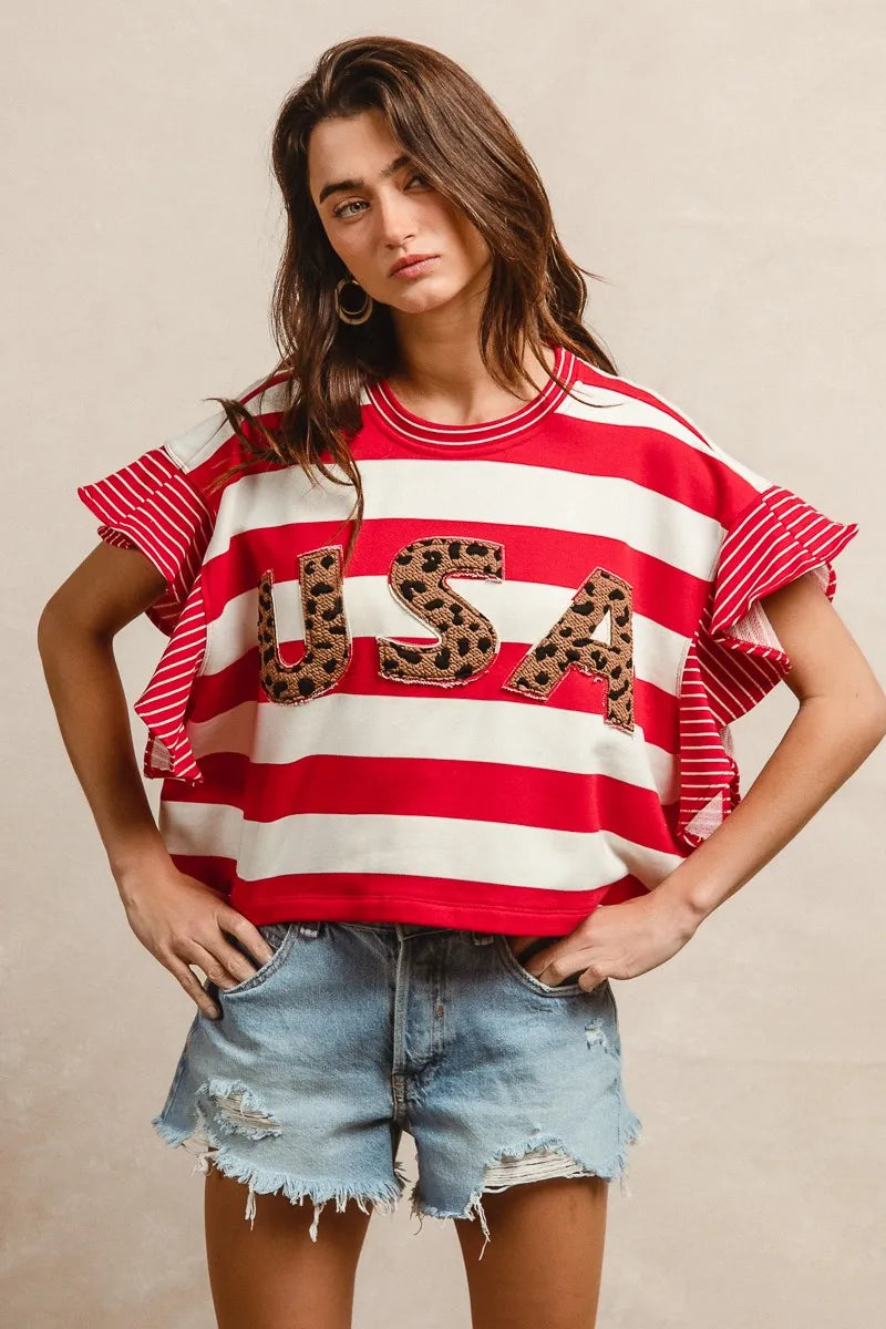 Back view of BiBi ruffle sleeve stripe blouse.

