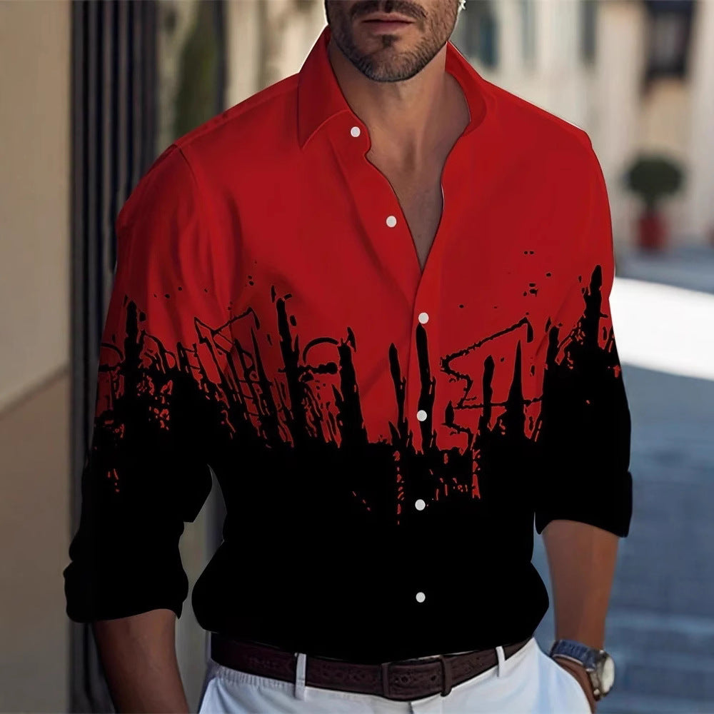 Back view of Hawaiian Style Men’s Long Sleeve Shirt with full-panel floral artwork framed by palm leaves for true island vibes.

