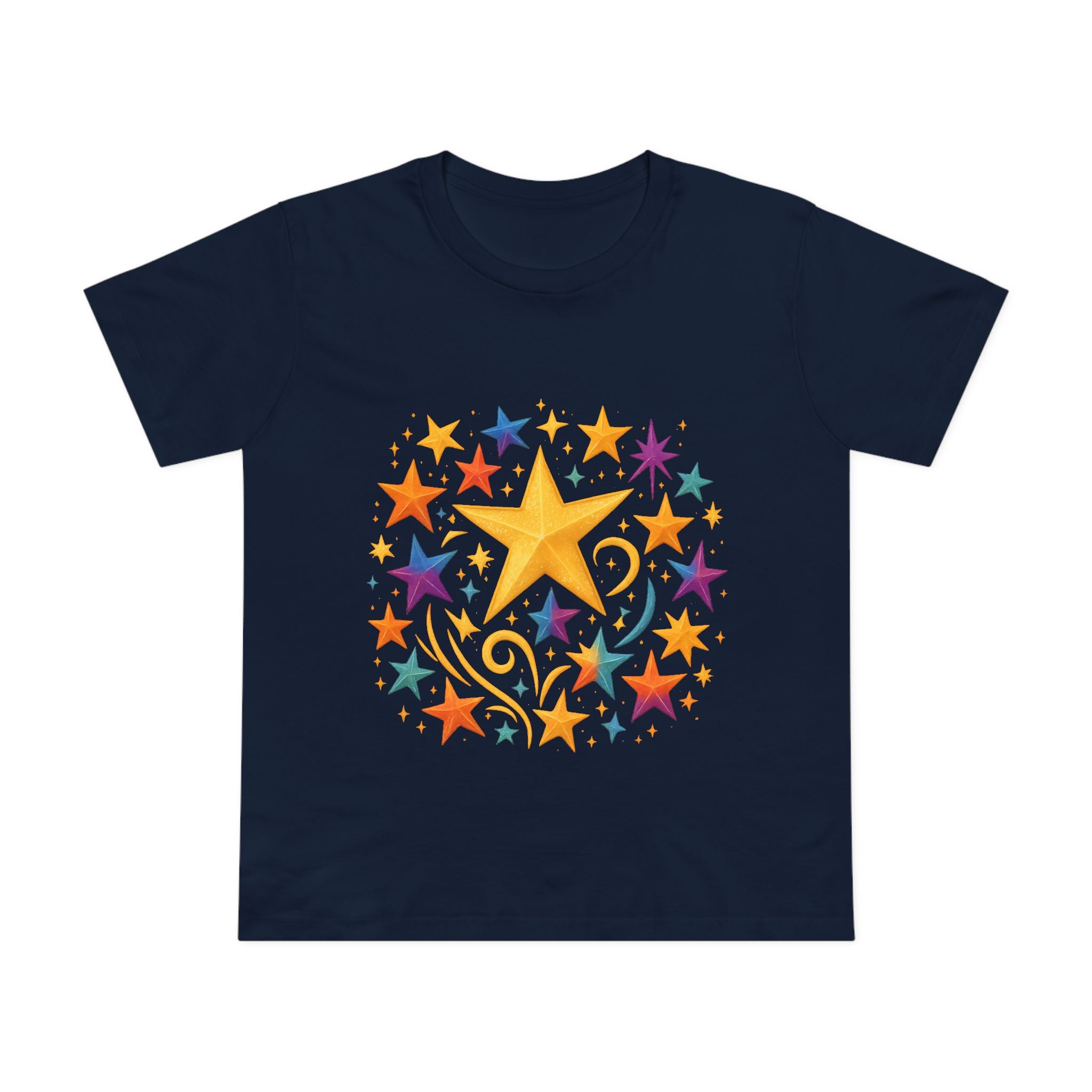 Back view of crew neck star tee in vibrant hues

