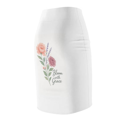 White pencil skirt with floral print and text design