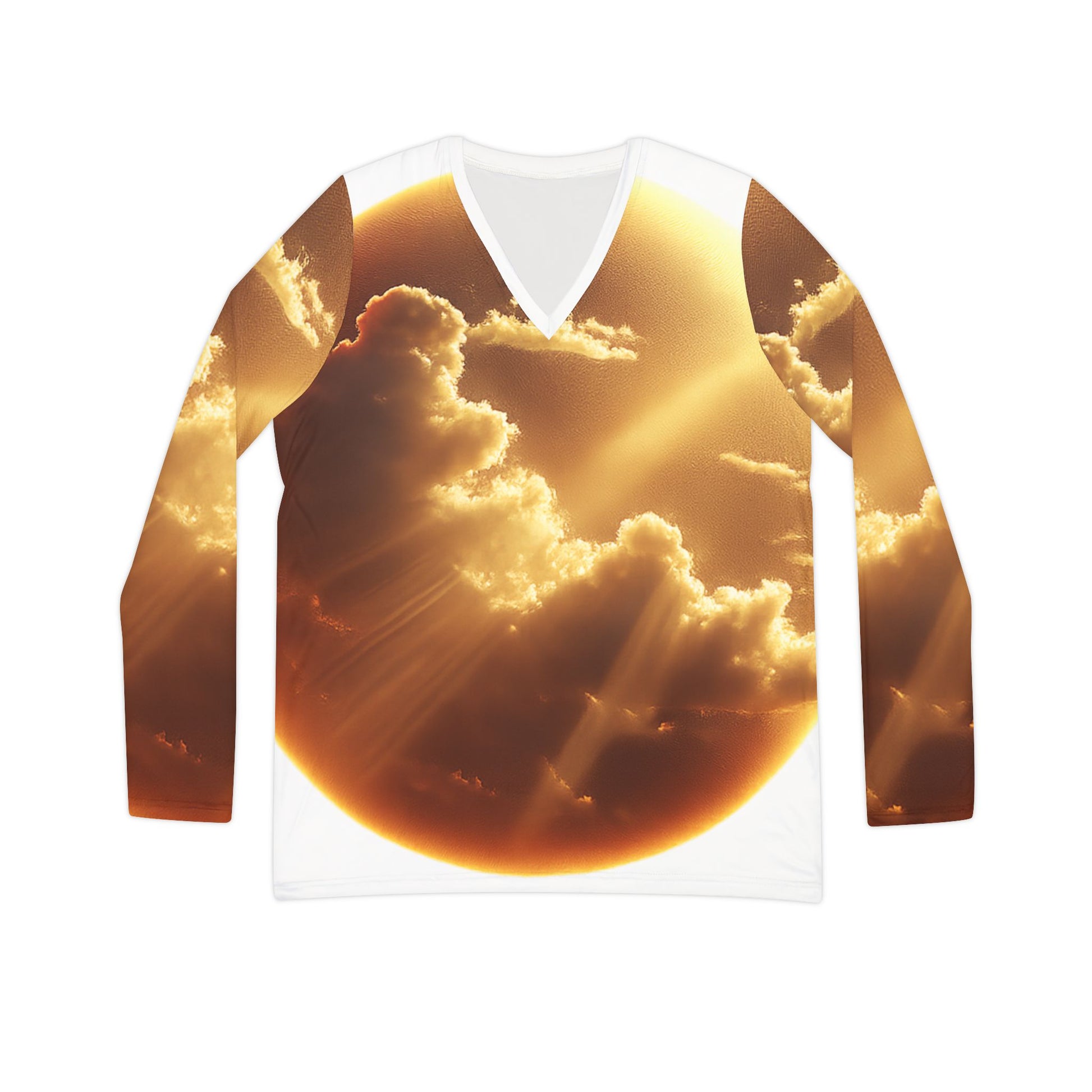 Flat lay of Golden Sunshine V-neck shirt with eco-friendly tag

