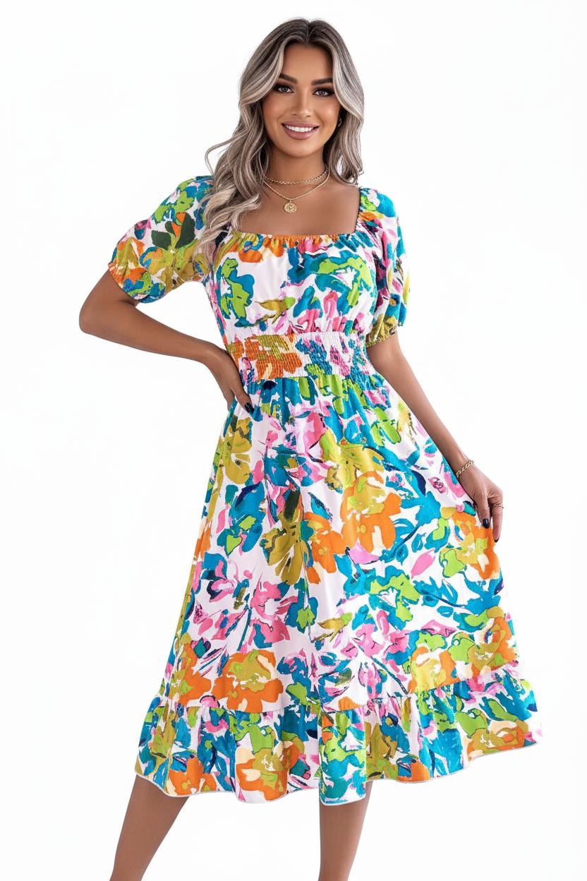 Smocked Floral Midi Dress Short Sleeve Elegance Style!