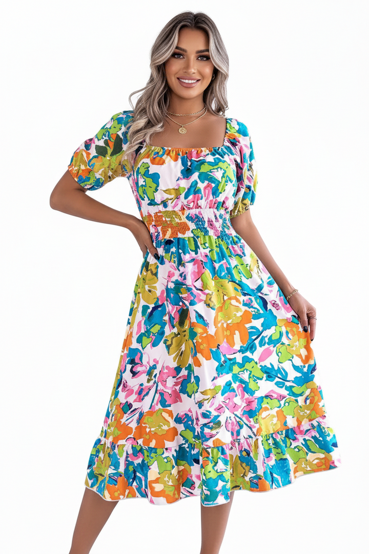 Smocked Floral Midi Dress Short Sleeve Elegance Style!