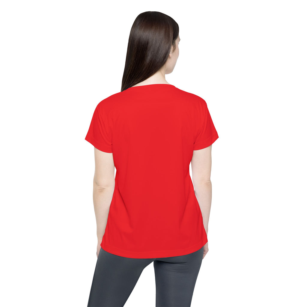 Close-up of motivational quote on colorful women's sports jersey

