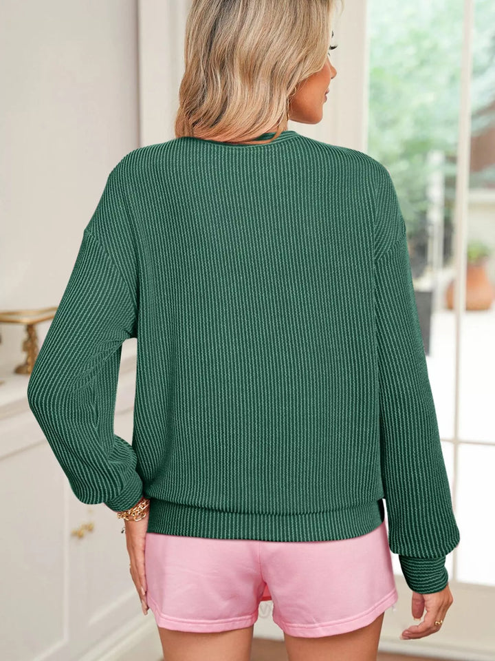 Back view ribbed Christmas top – smooth drape and easy movement