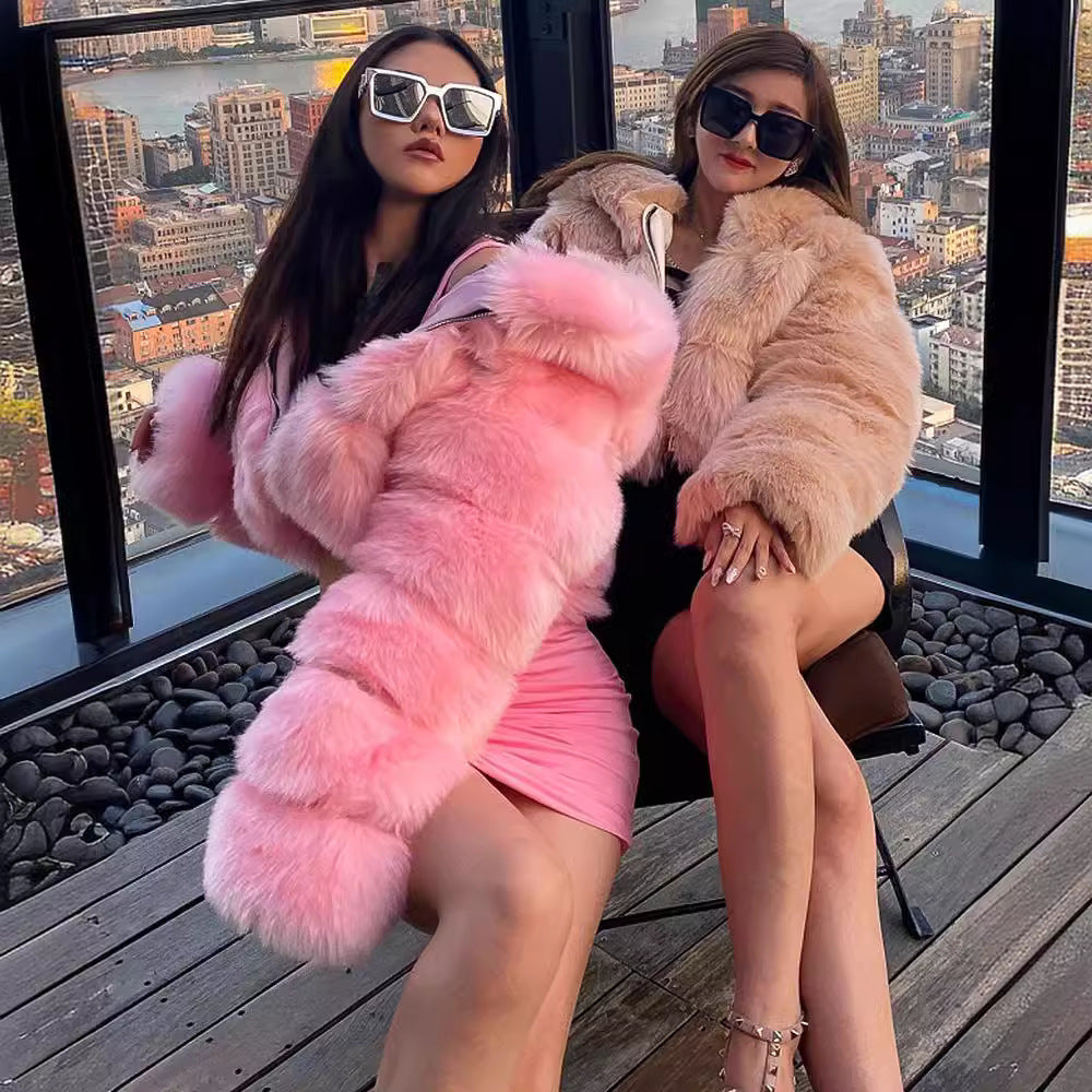 Back view – short hooded faux fur coat with cozy hood