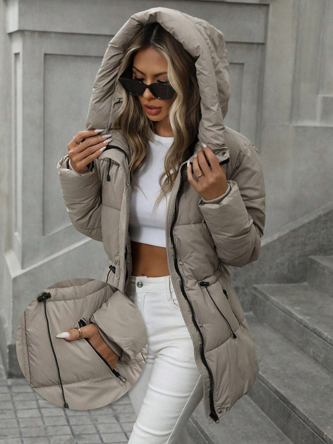 “Back view showcasing the coat’s hood and adjustable drawcord for personalized comfort in chilly winds.”

