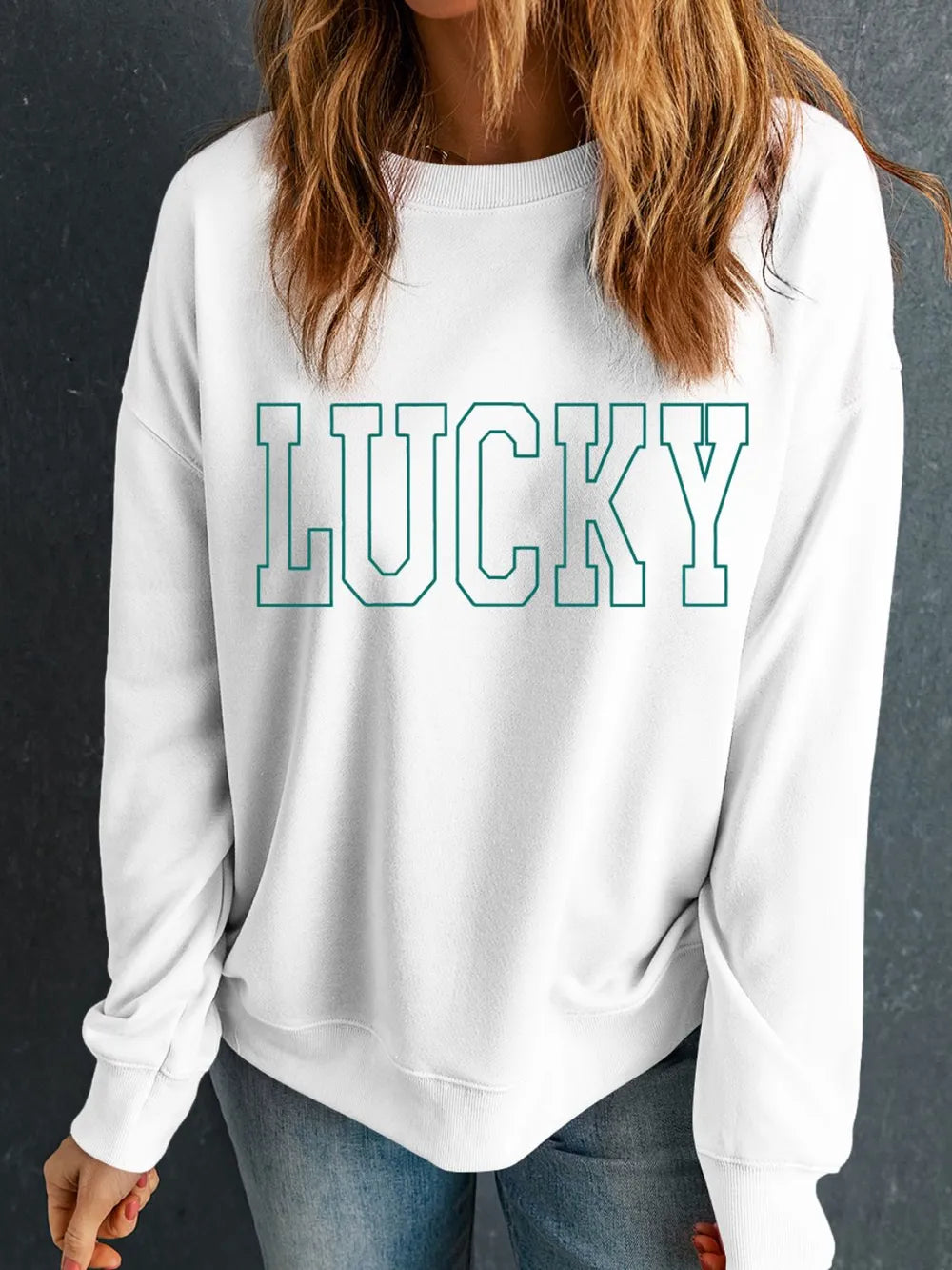 Back view showing relaxed fit of long sleeve sweatshirt

